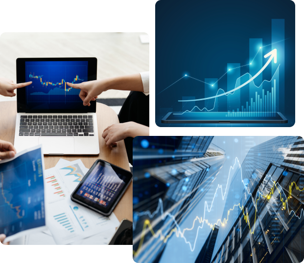 Financial graphs and charts on screens, papers.
